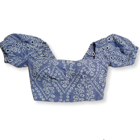 Olivaceous Tops - Olivaceous Chambray Crop Top, Small (S) Eyelet Design Puff Sleeve Blue White NWT